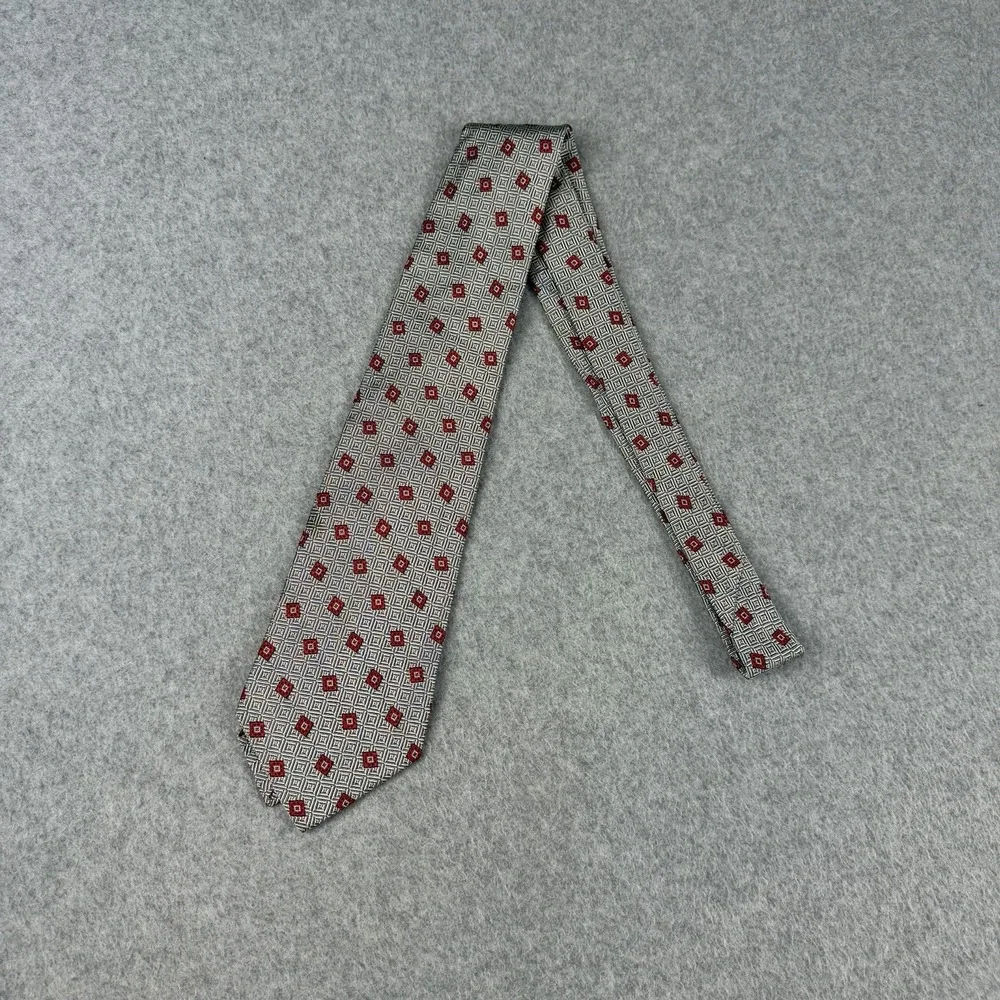 Vintage Garrick Anderson Silk Tie Gray Red Geometric USA Handmade 90s 58x3.75
